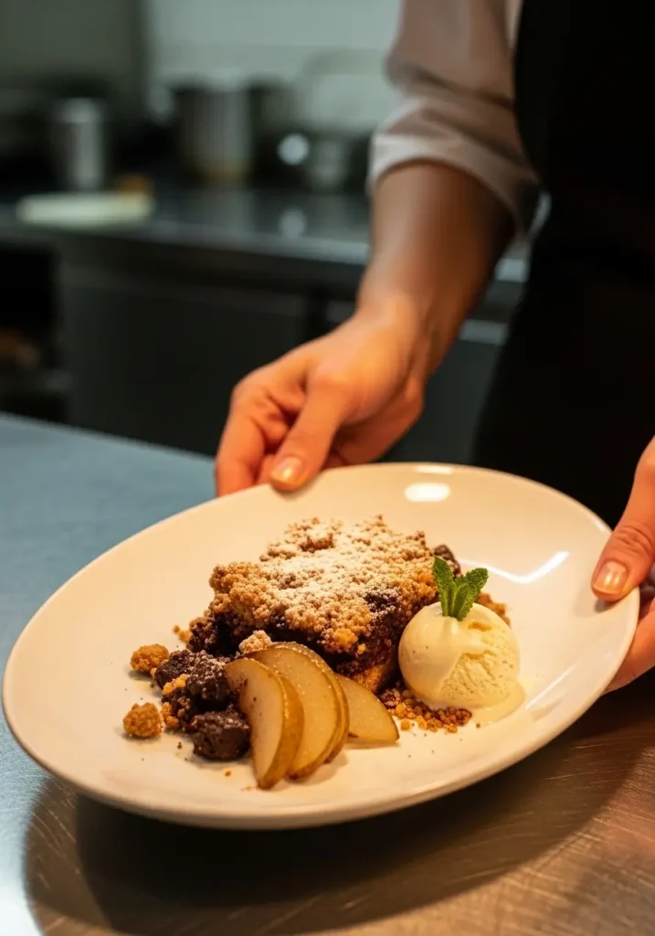 Femme chef présentant un crumble poire chocolat