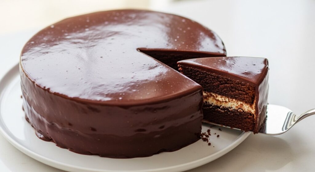 Glacage chocolat brillant et lisse sur un gâteau gourmand.