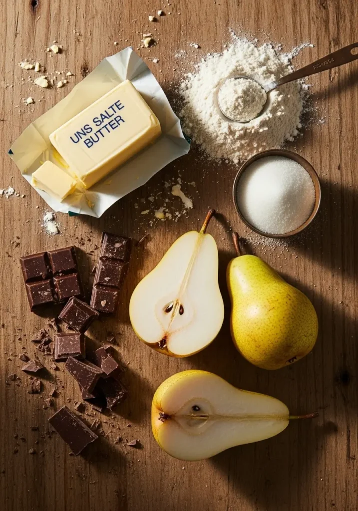 Ingrédients pour préparer un crumble poire chocolat