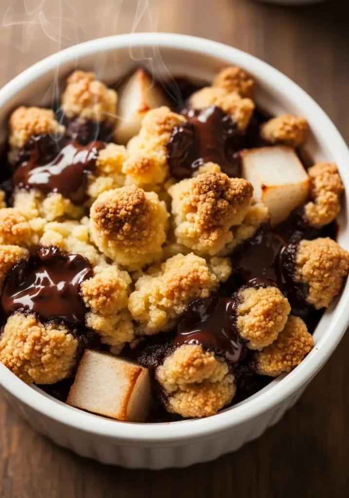 Crumble poire chocolat servi dans un ramequin individuel