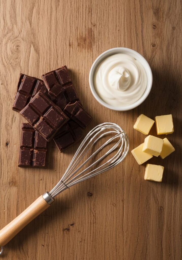 Une femme chef présente un dessert nappé de glacage chocolat.