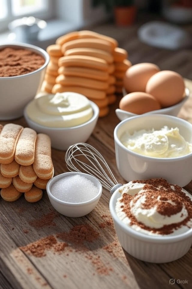 Ingrédients frais et variés pour réaliser une Buche tiramisu maison.