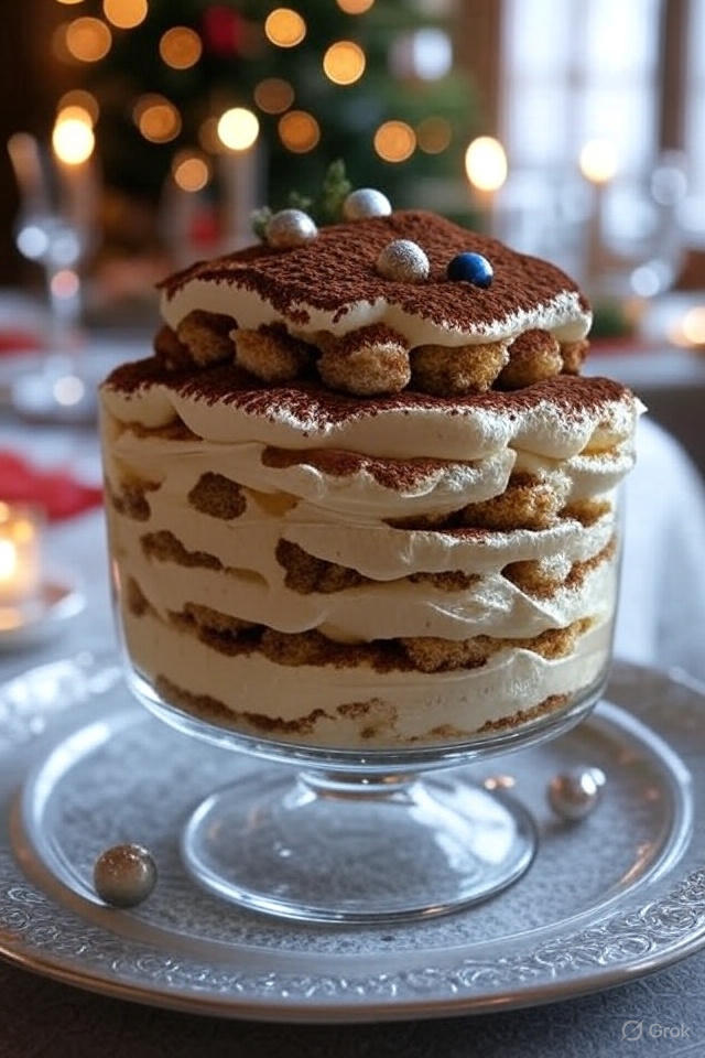 A woman chef presenting a Buche tiramisu with only her hands visible, holding the elegant dessert on a serving tray, festive background with subtle Christmas touches, photorealistic, 2:3 aspect ratio
