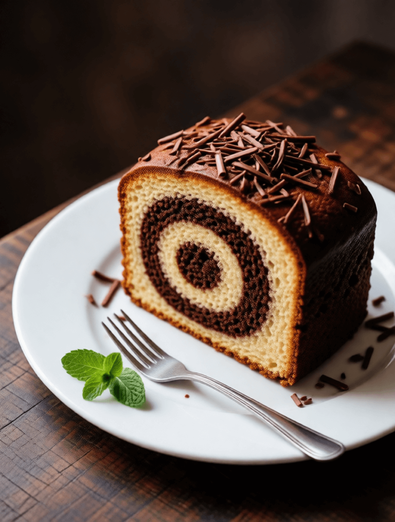 Marbré au chocolat moelleux et parfaitement cuit sur une assiette blanche.