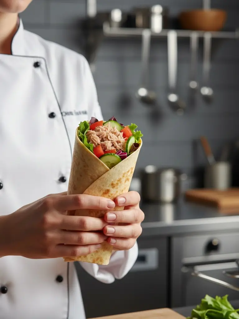 Wrap thon présenté par une femme chef en cuisine
