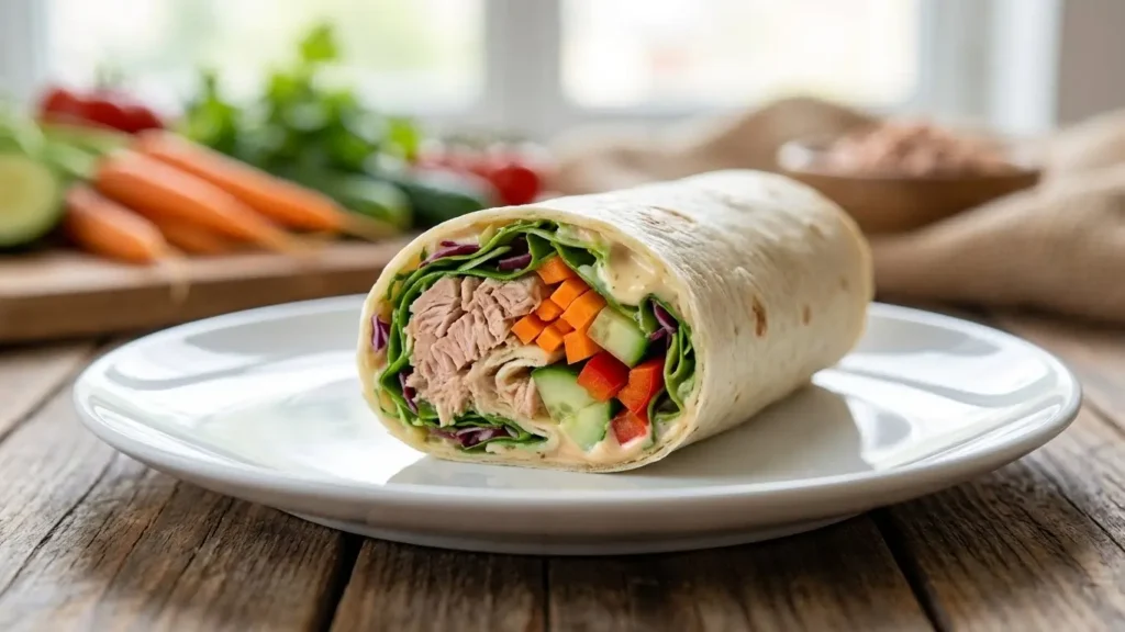 Wrap thon gourmand roulé et coupé en deux, prêt à être dégusté