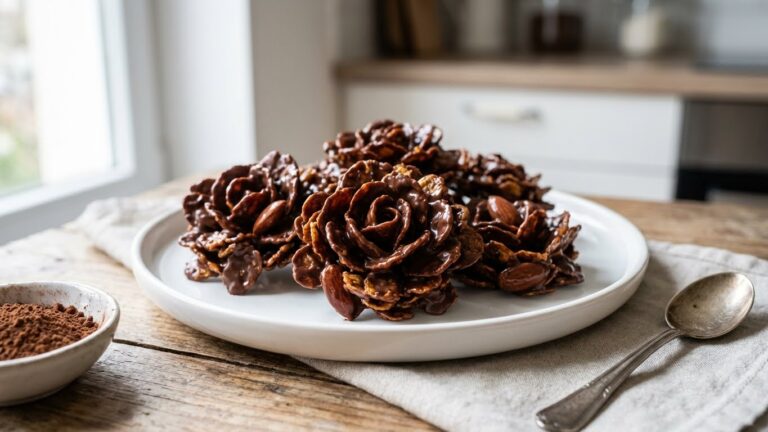 Roses des sables au chocolat présentées sur une assiette blanche