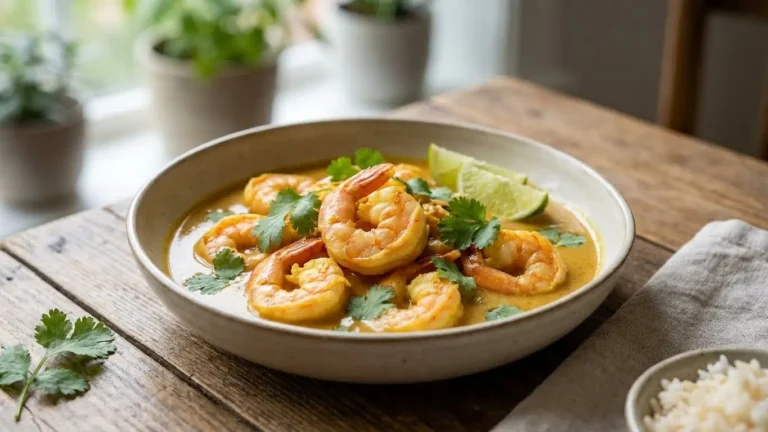 Crevette curry coco servie dans une assiette élégante avec sauce onctueuse