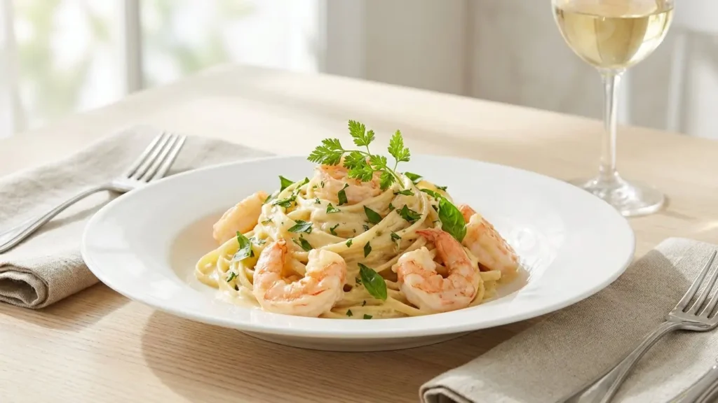 Pâtes aux crevettes crémeuses servies dans une assiette élégante