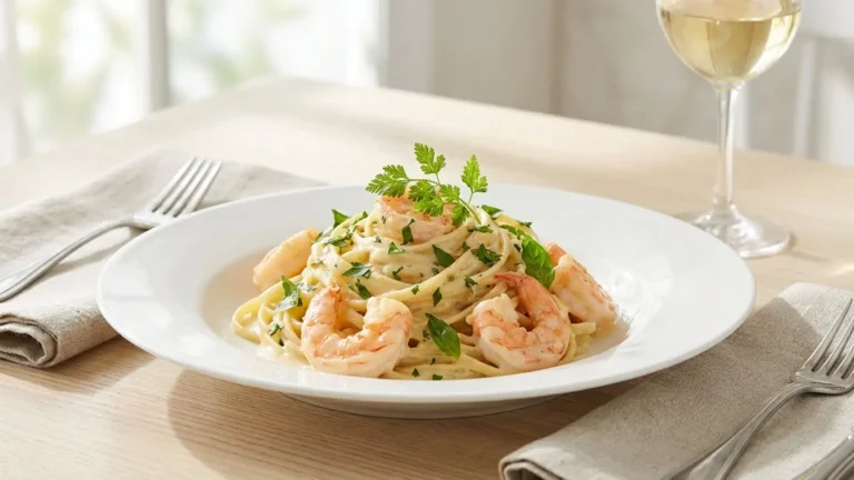 Pâtes aux crevettes crémeuses servies dans une assiette élégante