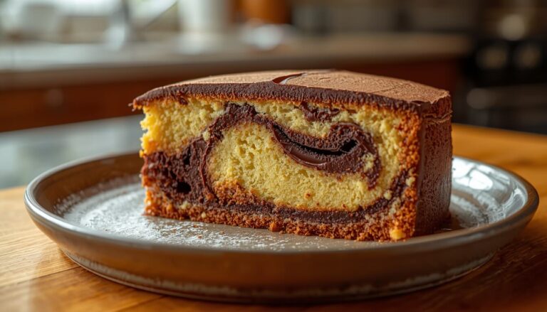 Marbré Chocolat moelleux avec marbrage bien visible, gâteau fait maison