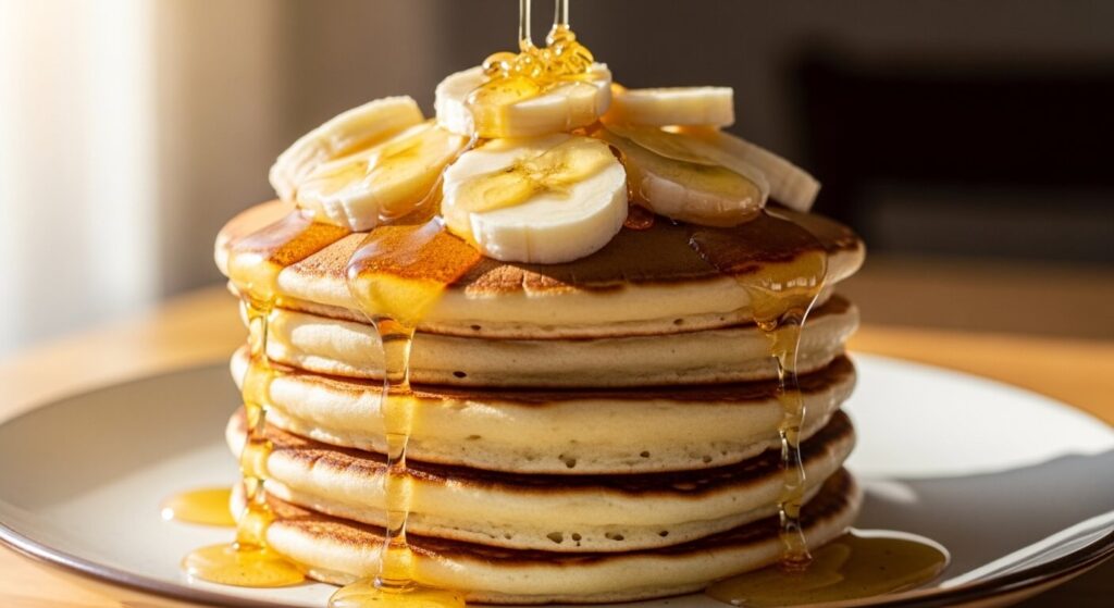 Pancake à la banane empilé avec rondelles de banane et filet de miel.