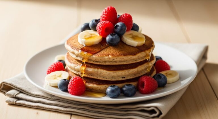 Pancakes healthy empilés avec fruits rouges et rondelles de banane.