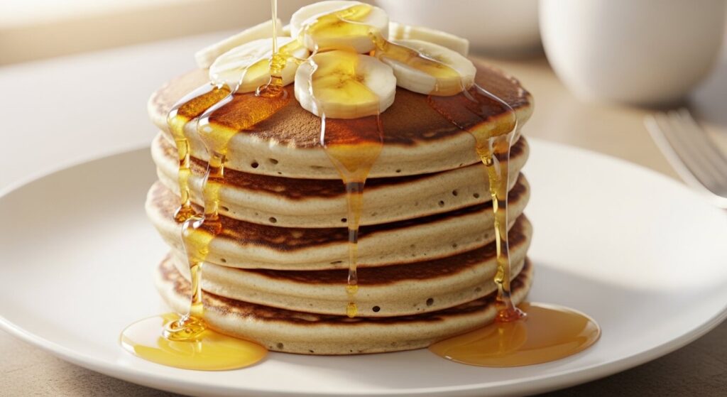 Recette Pancakes Banane empilés avec rondelles de banane et miel.