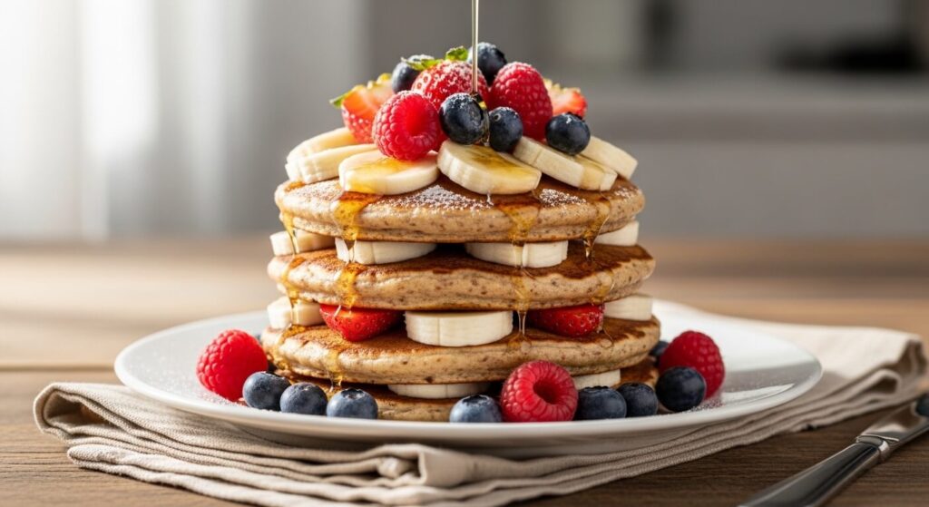 Pancake Healthy en 5 Étapes empilé avec fruits frais et banane.