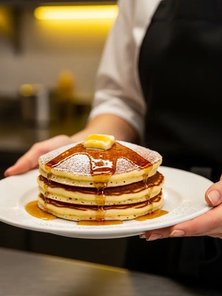 Mains d’une femme chef présentant des Pancakes Fluffy en cuisine.