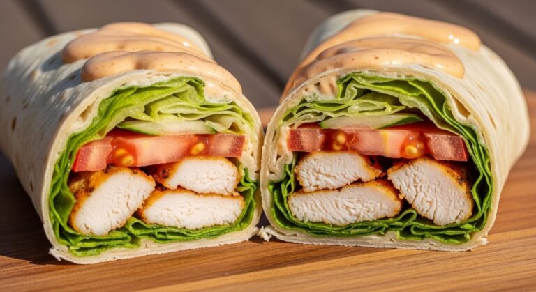 Wrap poulet coupé en deux, présenté sur une planche en bois avec crudités fraîches.