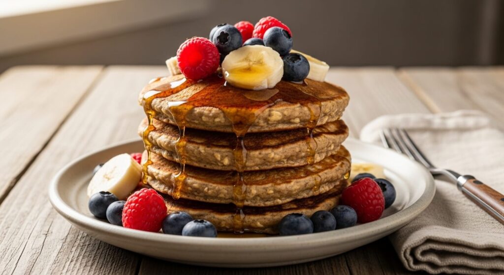 Pancake Flocon d'Avoine empilé avec fruits frais et rondelles de banane.