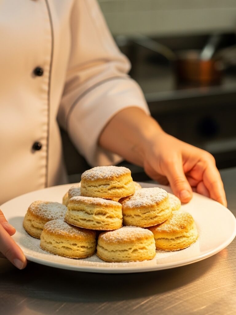Mains d’une femme chef présentant des biscuits inspirés de La Maison du Biscuit.
