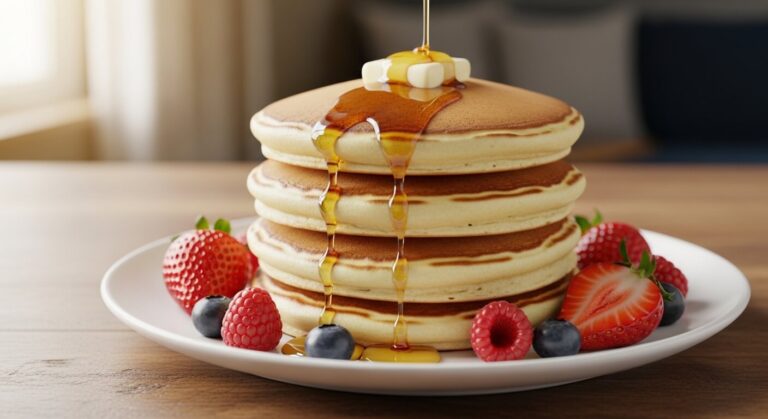 Fluffy Pancakes moelleux empilés avec sirop d’érable et fruits frais