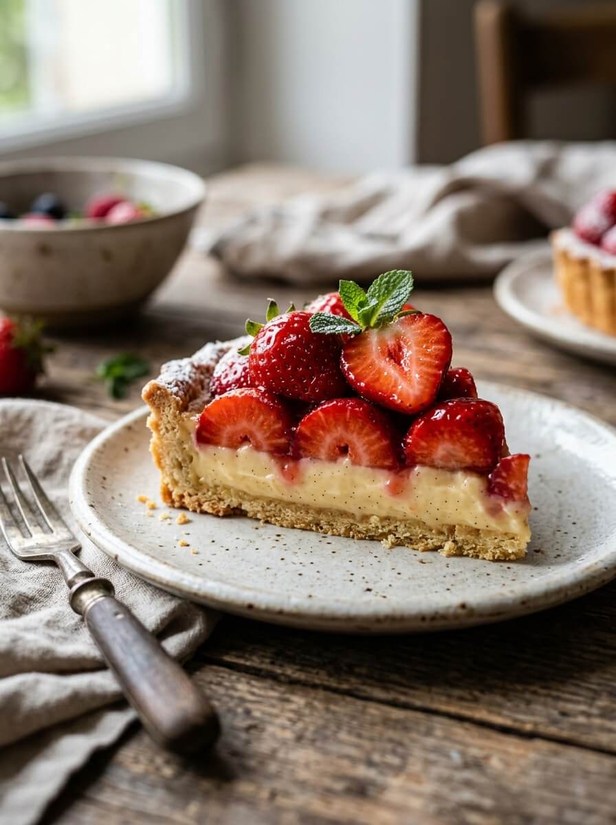 part de tarte aux fraises avec crème et fraises fraîches