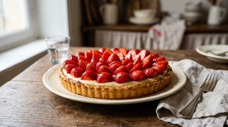 tarte aux fraises maison avec crème vanille et fraises fraîches