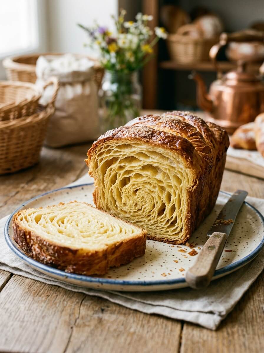 Brioche feuilletée tranchée montrant une mie filante et un feuilletage aérien