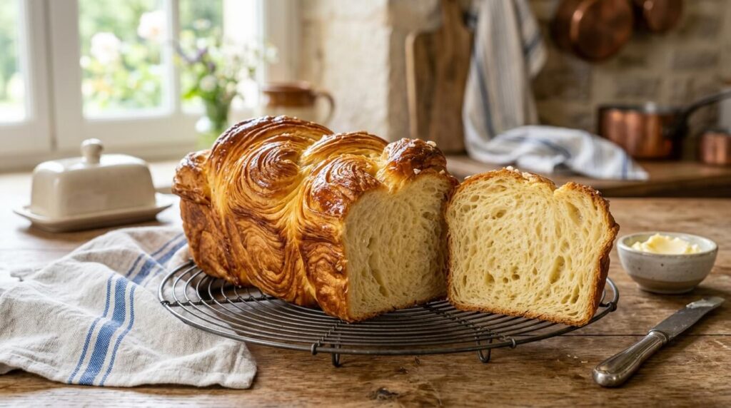 Brioche feuilletée dorée et moelleuse sortie du four sur une grille de cuisine
